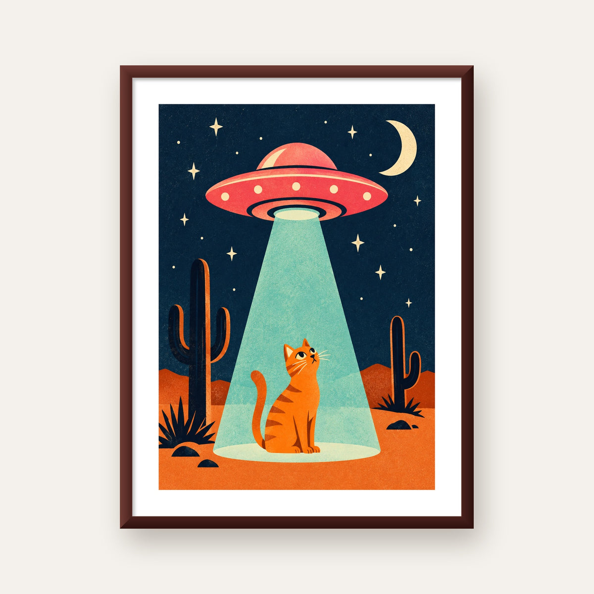 Çöl Manzaralı Uzay Gemisi ve Kedi Poster – Retro Vektör Tasarım — ceviz çerçeveli paspartulu