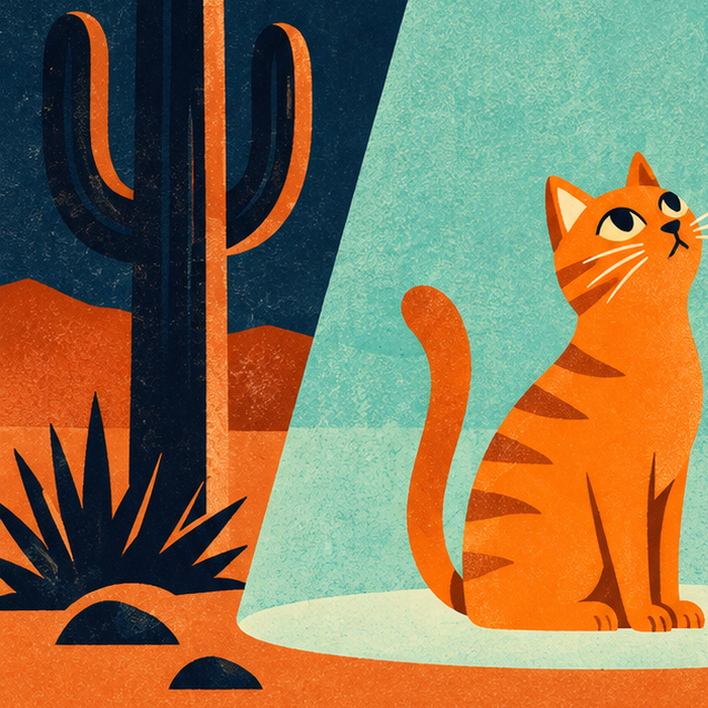 Çöl Manzaralı Uzay Gemisi ve Kedi Poster – Retro Vektör Tasarım — baskının yakın çekimi, kâğıt dokusu ve renk detayı