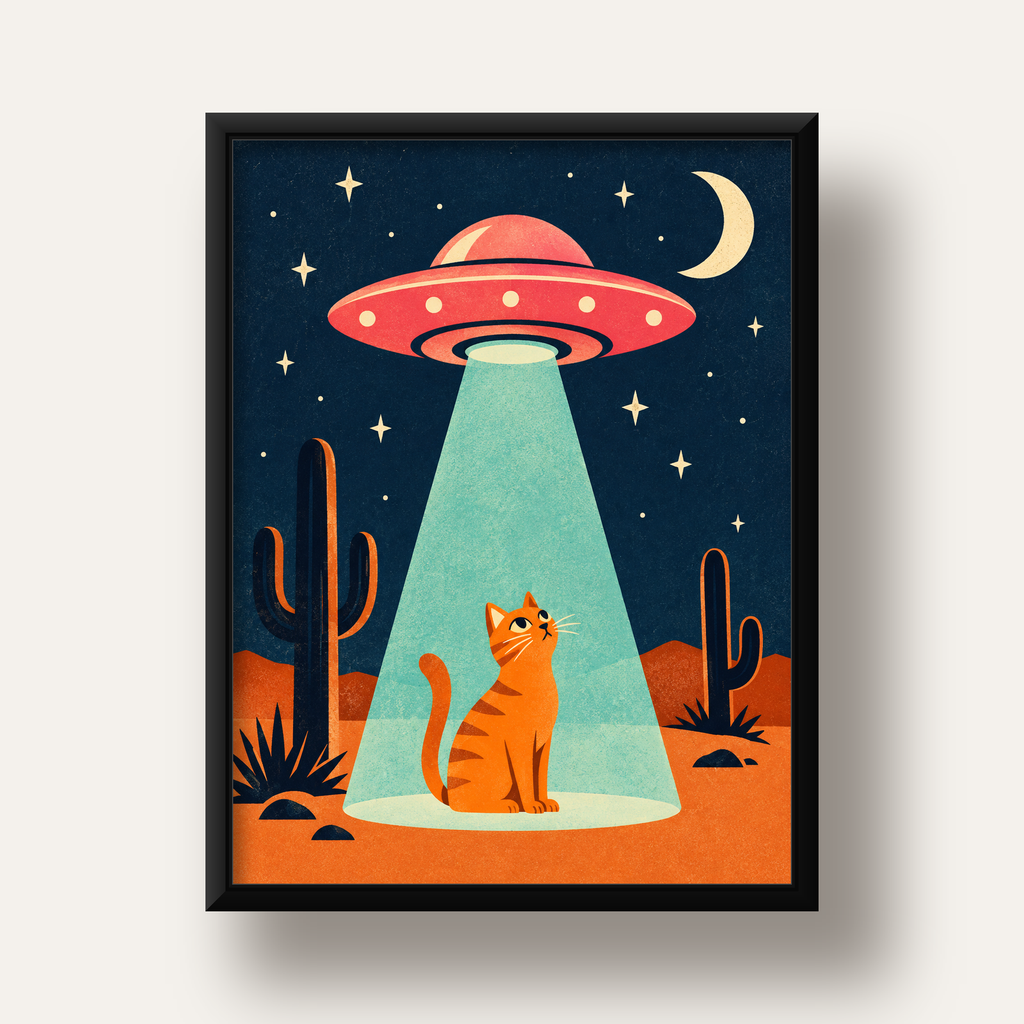 Çöl Manzaralı Uzay Gemisi ve Kedi Poster – Retro Vektör Tasarım — siyah derin çerçeveli
