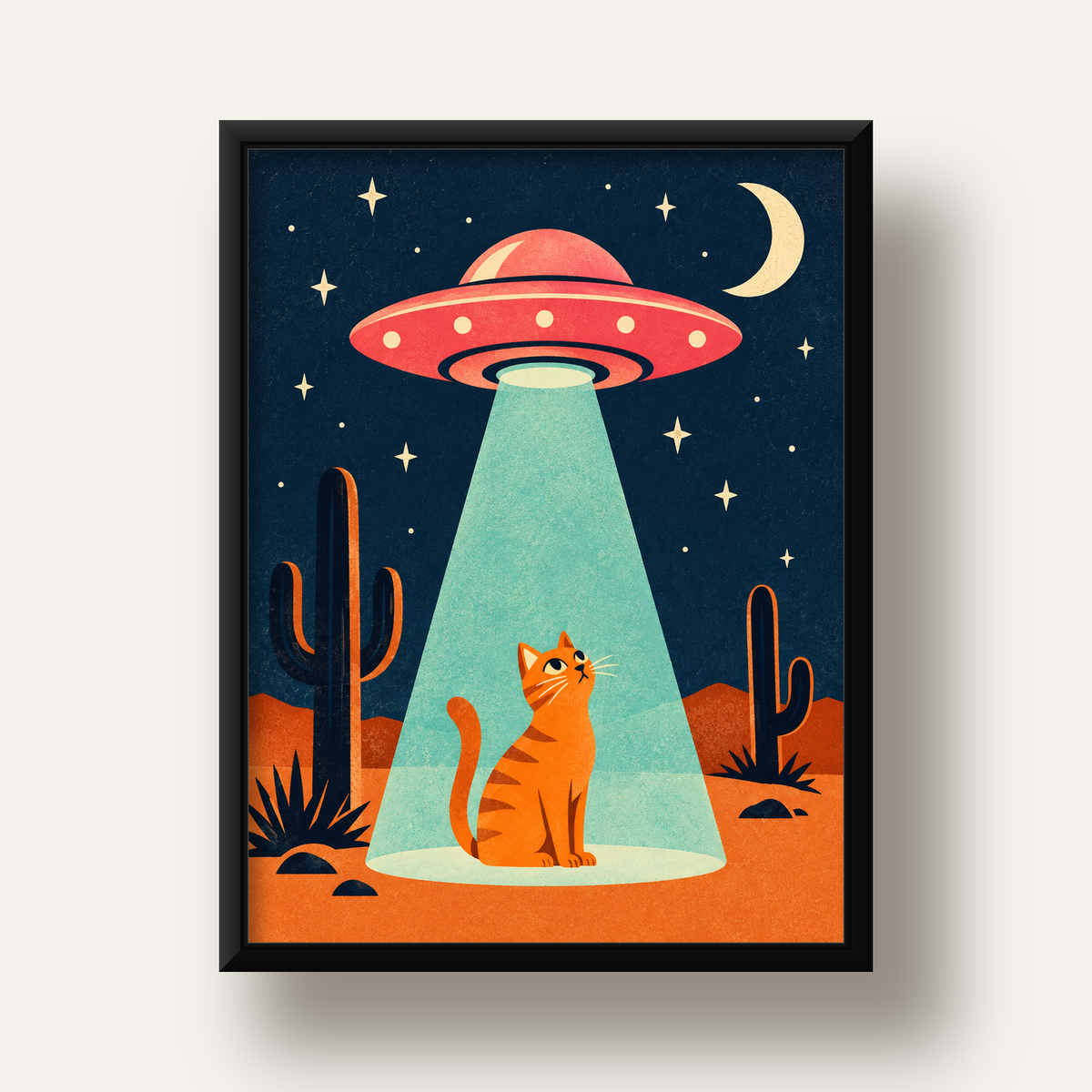 Çöl Manzaralı Uzay Gemisi ve Kedi Poster – Retro Vektör Tasarım — siyah derin çerçeveli