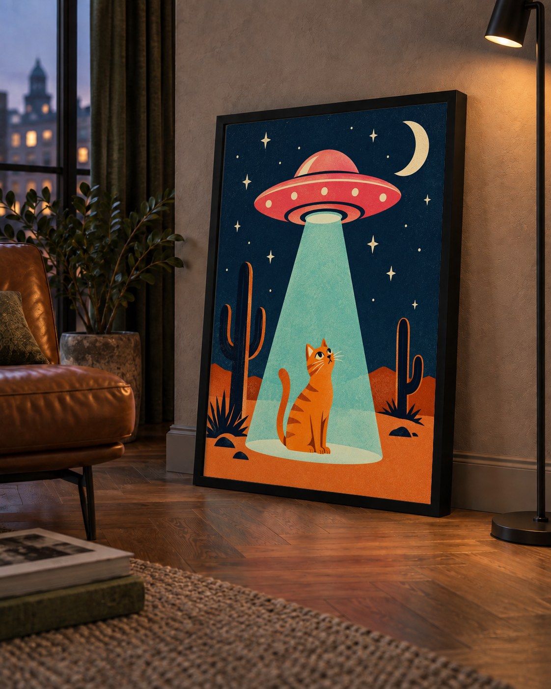 Çöl Manzaralı Uzay Gemisi ve Kedi Poster – Retro Vektör Tasarım — çerçeveli hâliyle bir ev duvarında