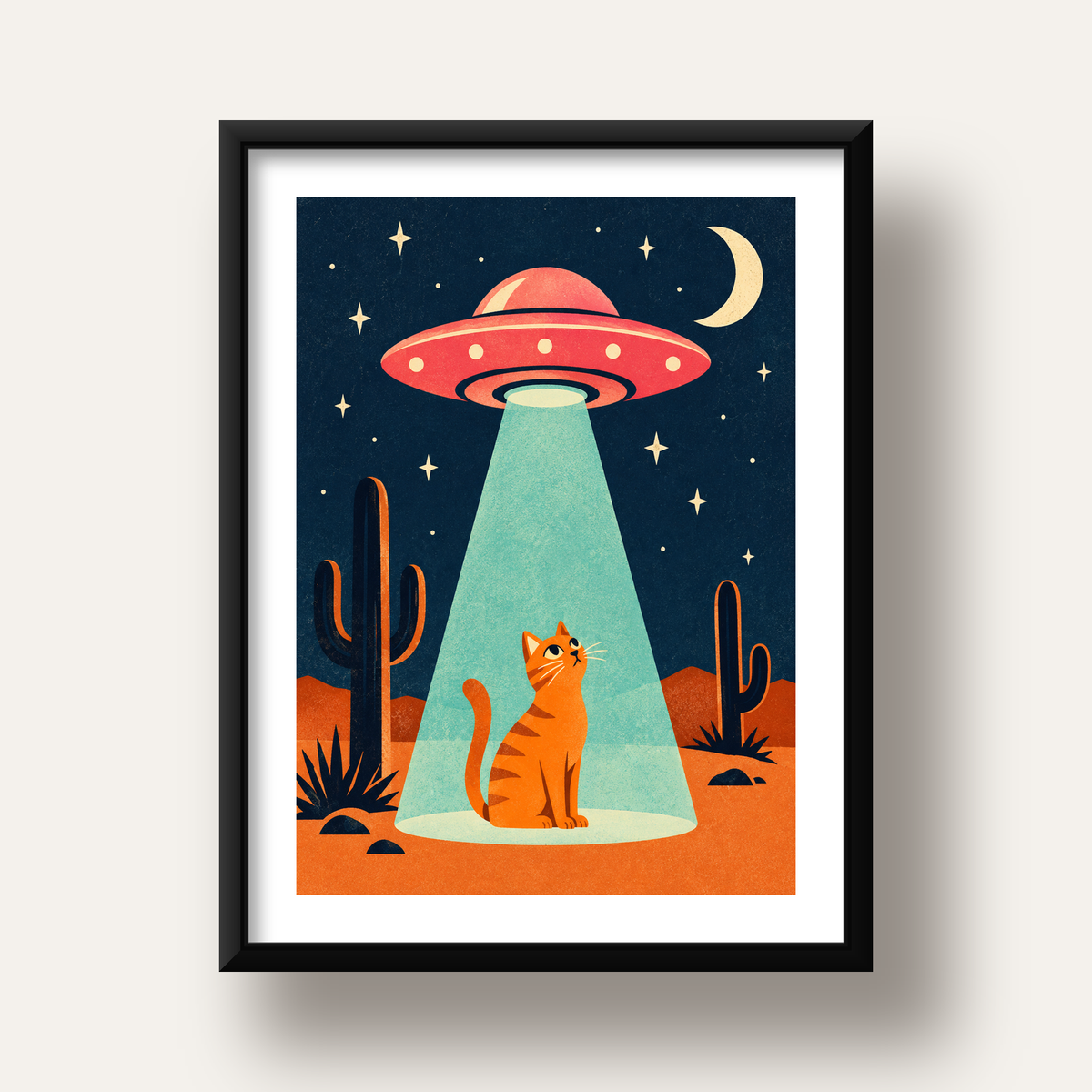 Çöl Manzaralı Uzay Gemisi ve Kedi Poster – Retro Vektör Tasarım — siyah derin çerçeveli paspartulu