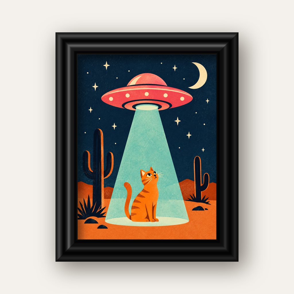 Çöl Manzaralı Uzay Gemisi ve Kedi Poster – Retro Vektör Tasarım — siyah galeri çerçeveli