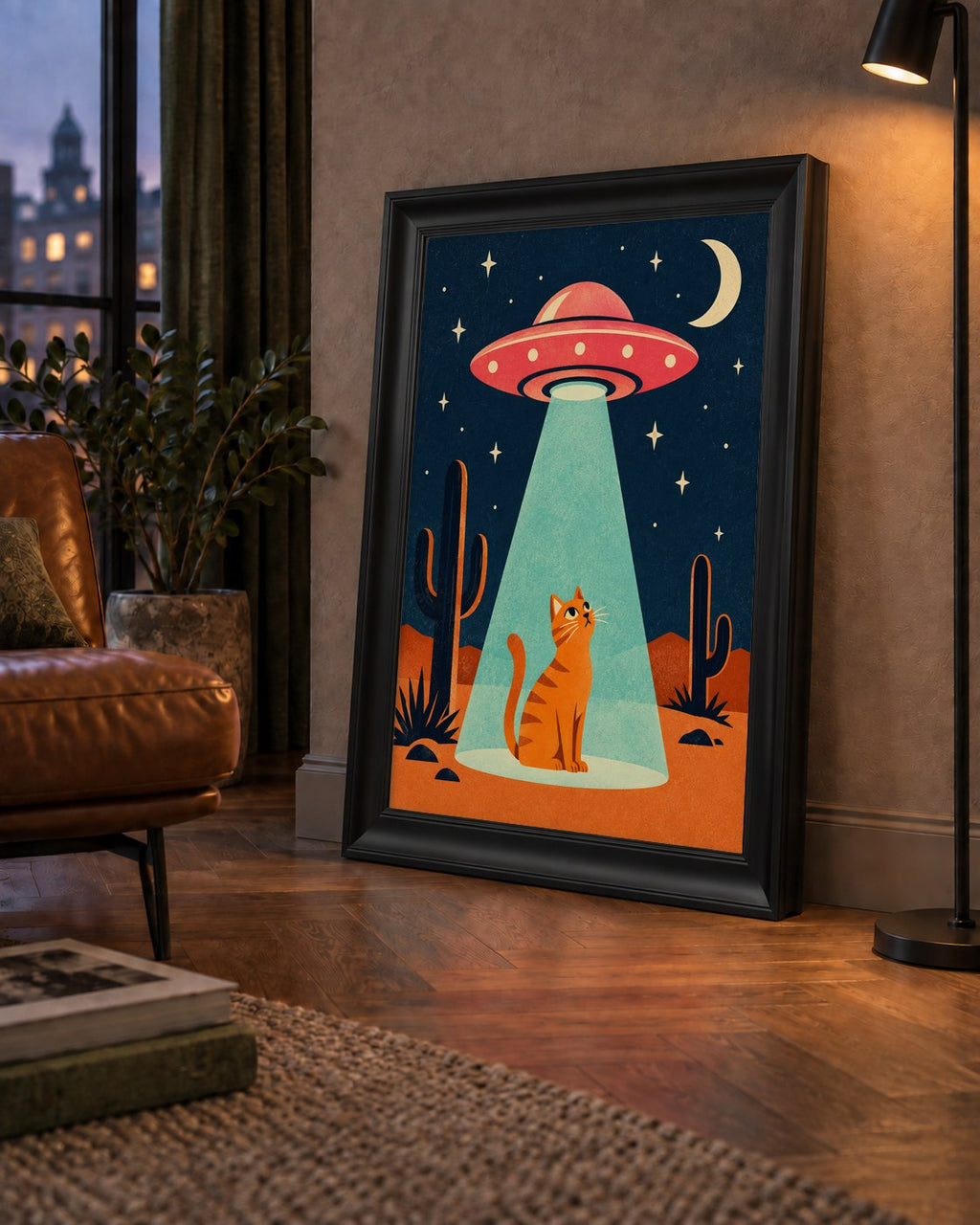 Çöl Manzaralı Uzay Gemisi ve Kedi Poster – Retro Vektör Tasarım — çerçeveli hâliyle bir ev duvarında