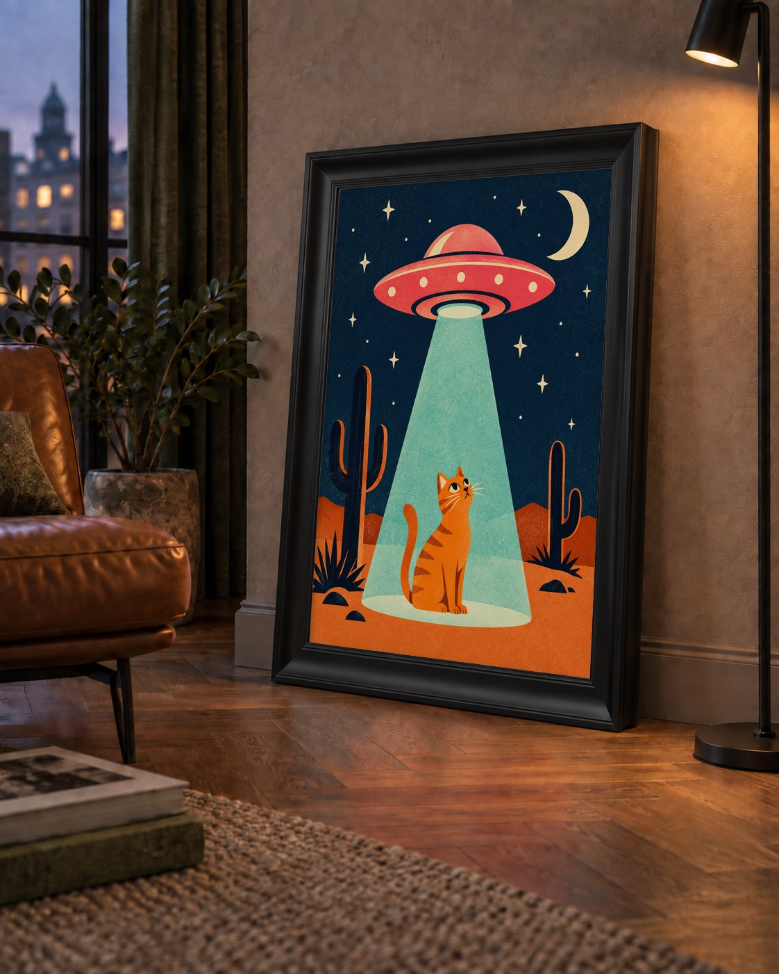 Çöl Manzaralı Uzay Gemisi ve Kedi Poster – Retro Vektör Tasarım — çerçeveli hâliyle bir ev duvarında