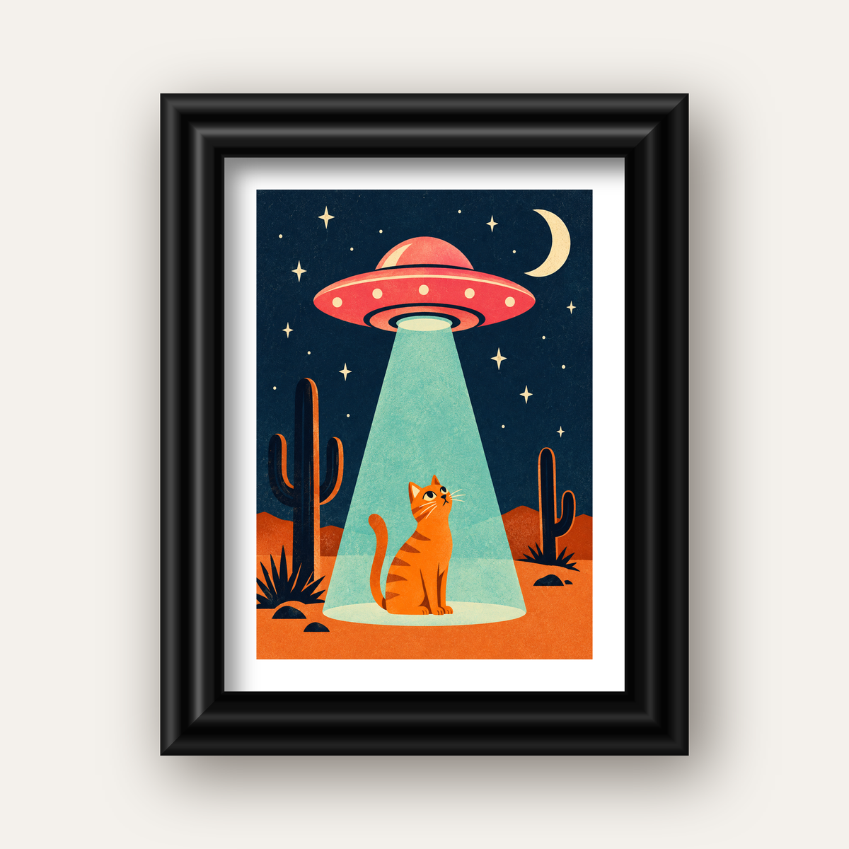 Çöl Manzaralı Uzay Gemisi ve Kedi Poster – Retro Vektör Tasarım — siyah galeri çerçeveli paspartulu
