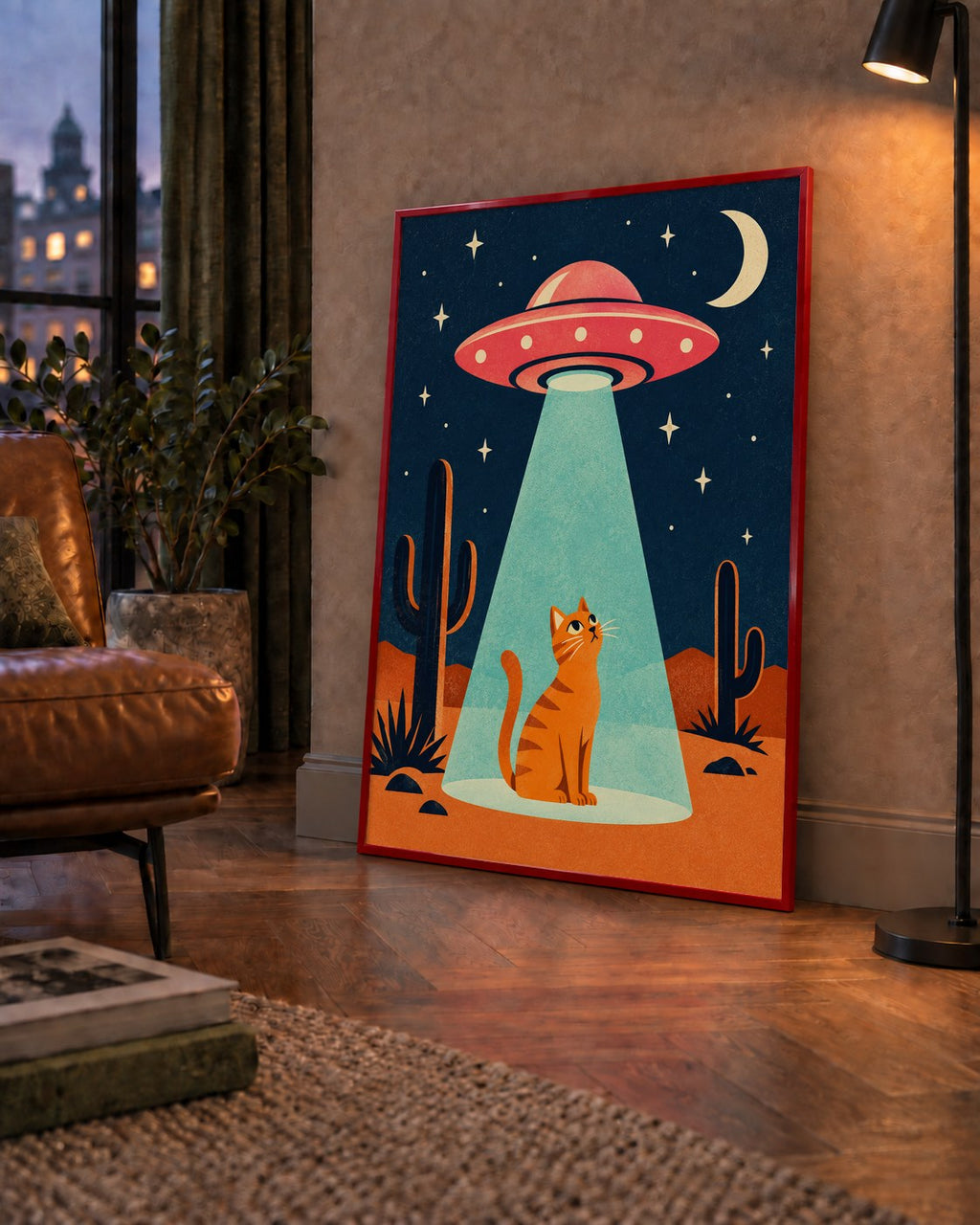 Çöl Manzaralı Uzay Gemisi ve Kedi Poster – Retro Vektör Tasarım — çerçeveli hâliyle bir ev duvarında