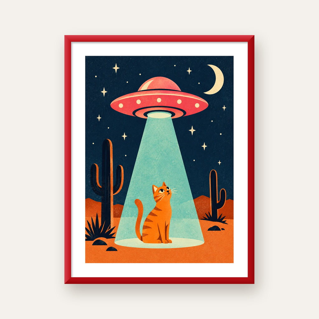 Çöl Manzaralı Uzay Gemisi ve Kedi Poster – Retro Vektör Tasarım — kırmızı çerçeveli paspartulu