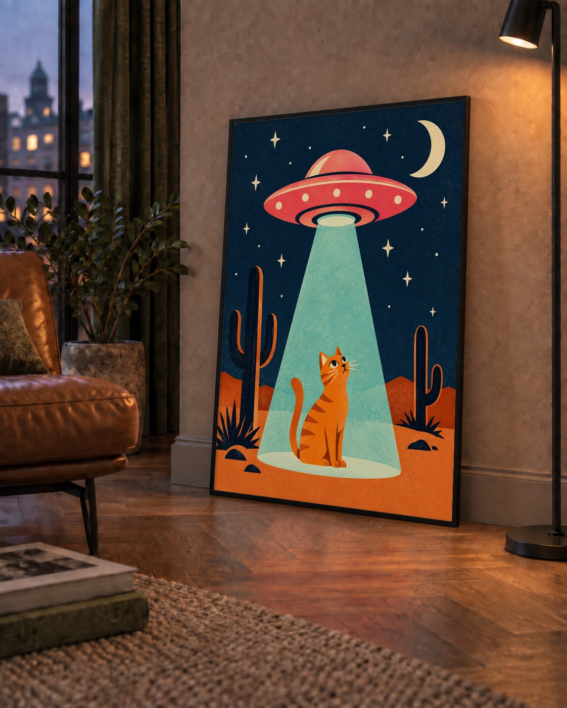 Çöl Manzaralı Uzay Gemisi ve Kedi Poster – Retro Vektör Tasarım — çerçeveli hâliyle bir ev duvarında