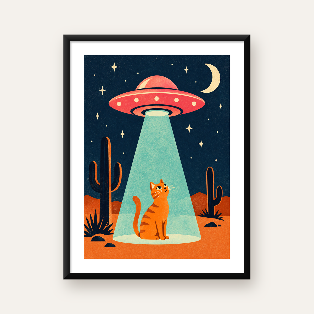 Çöl Manzaralı Uzay Gemisi ve Kedi Poster – Retro Vektör Tasarım — Dikey baskı, beyaz paspartulu