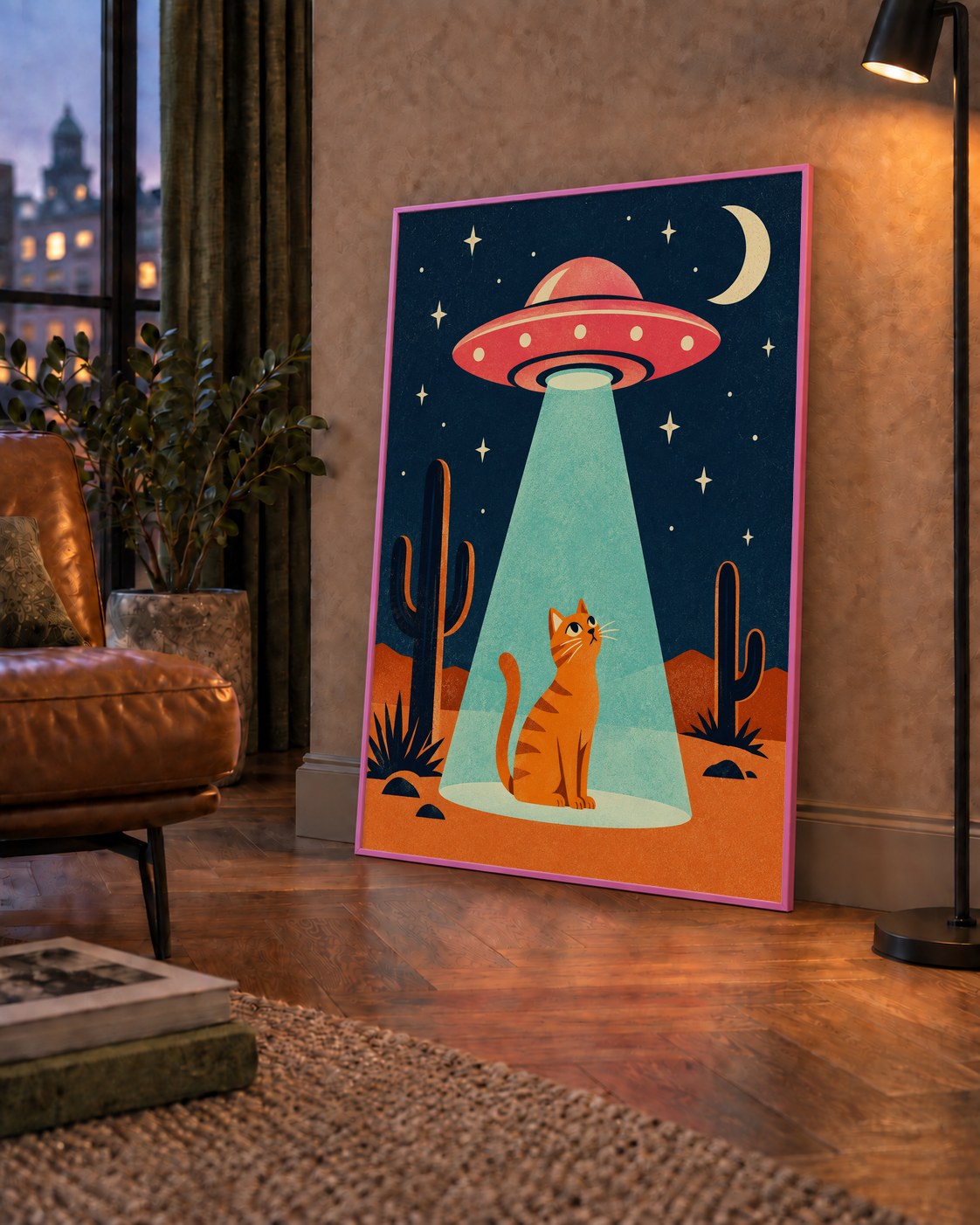 Çöl Manzaralı Uzay Gemisi ve Kedi Poster – Retro Vektör Tasarım — çerçeveli hâliyle bir ev duvarında