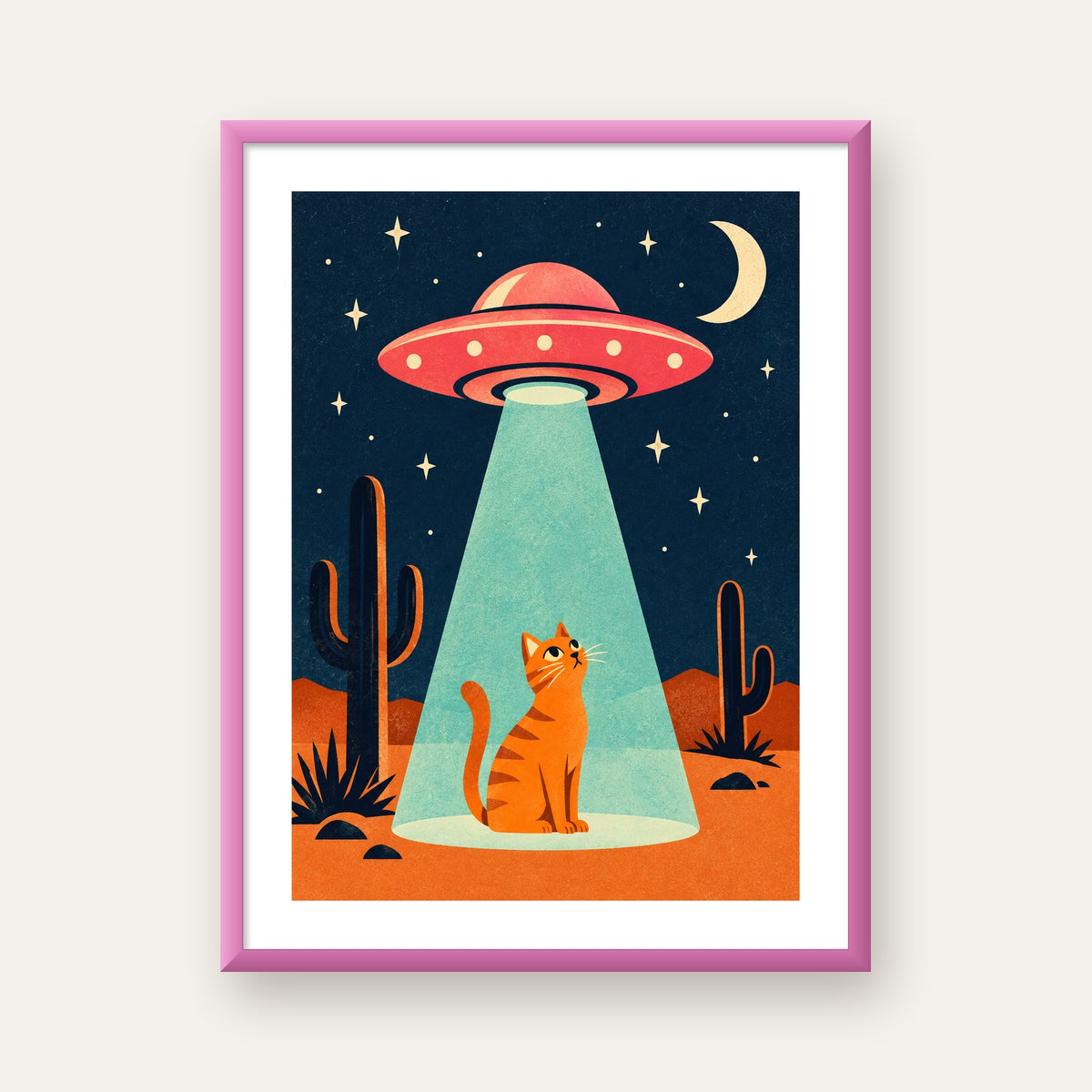 Çöl Manzaralı Uzay Gemisi ve Kedi Poster – Retro Vektör Tasarım — pembe çerçeveli paspartulu