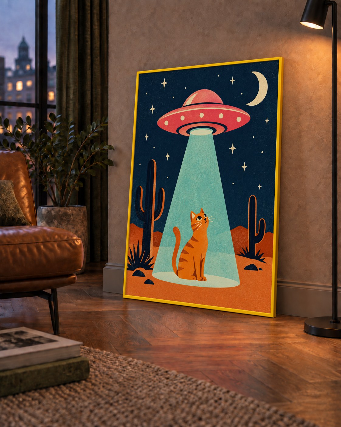 Çöl Manzaralı Uzay Gemisi ve Kedi Poster – Retro Vektör Tasarım — çerçeveli hâliyle bir ev duvarında
