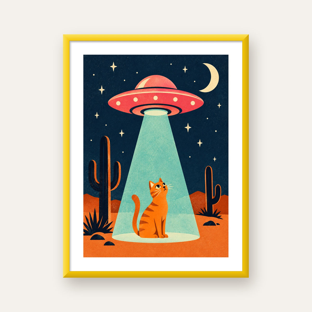 Çöl Manzaralı Uzay Gemisi ve Kedi Poster – Retro Vektör Tasarım — sarı çerçeveli paspartulu