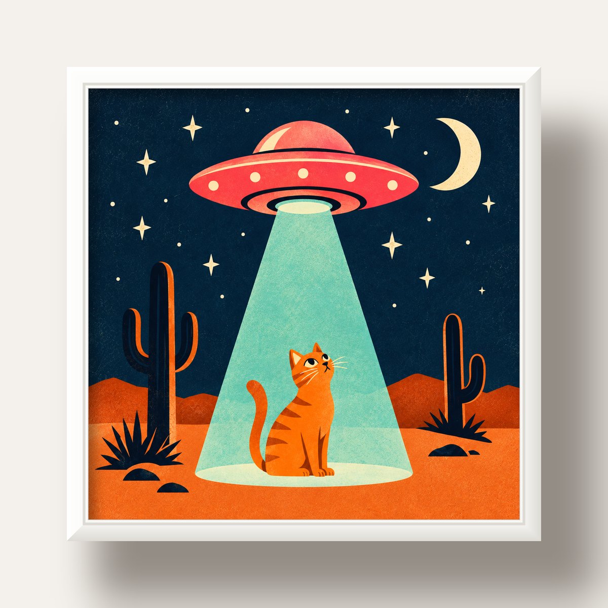 Çöl Manzaralı Uzay Gemisi ve Kedi Poster – Retro Vektör Tasarım — beyaz derin çerçeveli