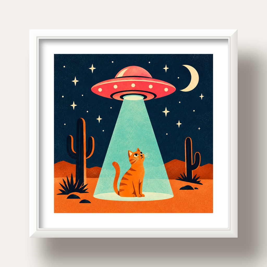 Çöl Manzaralı Uzay Gemisi ve Kedi Poster – Retro Vektör Tasarım — beyaz derin çerçeveli paspartulu