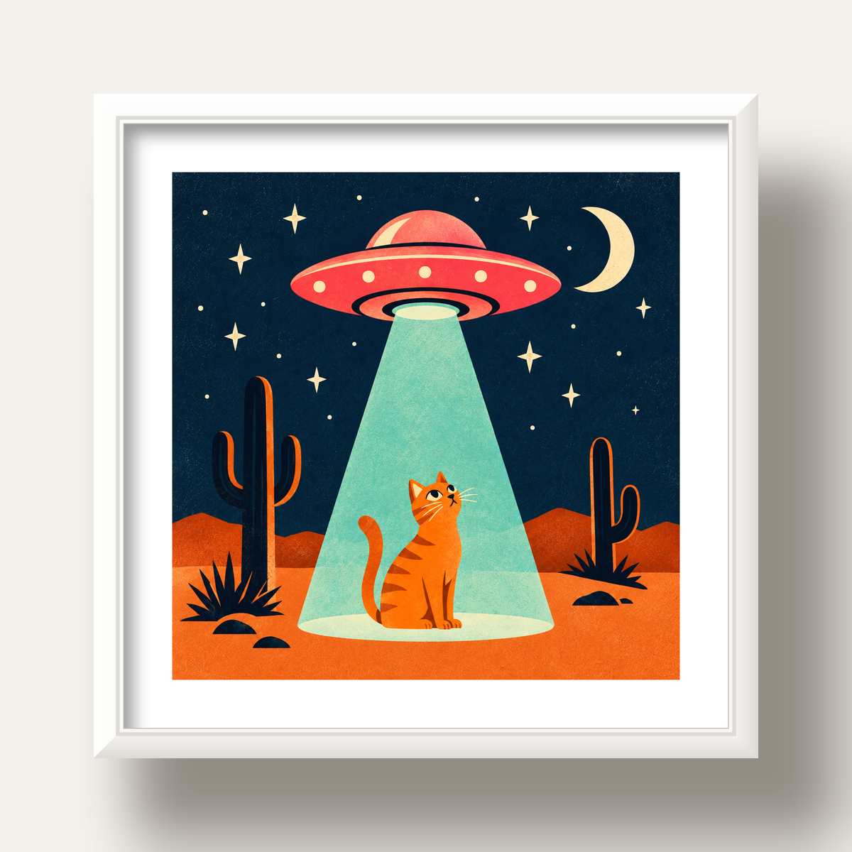 Çöl Manzaralı Uzay Gemisi ve Kedi Poster – Retro Vektör Tasarım — beyaz derin çerçeveli paspartulu