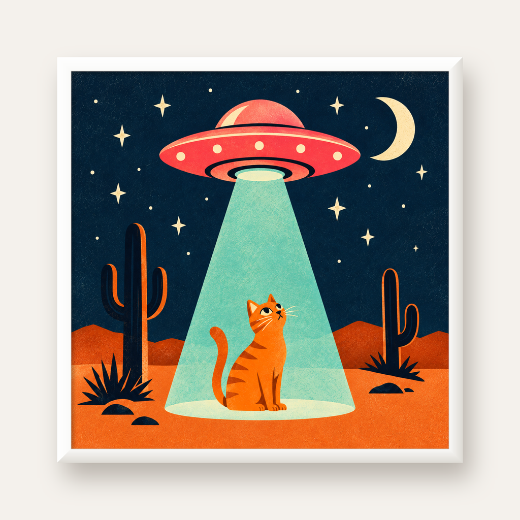 Çöl Manzaralı Uzay Gemisi ve Kedi Poster – Retro Vektör Tasarım — beyaz çerçeveli kare poster