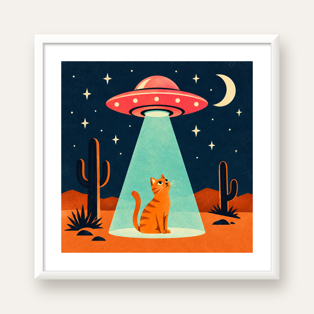 Çöl Manzaralı Uzay Gemisi ve Kedi Poster – Retro Vektör Tasarım — beyaz çerçeveli kare poster