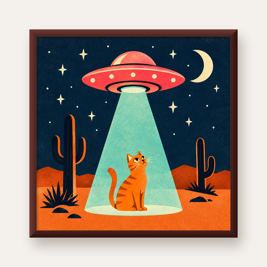 Çöl Manzaralı Uzay Gemisi ve Kedi Poster – Retro Vektör Tasarım — ceviz çerçeveli