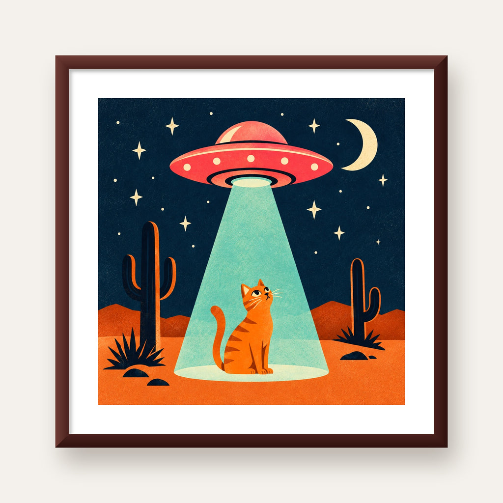 Çöl Manzaralı Uzay Gemisi ve Kedi Poster – Retro Vektör Tasarım — ceviz çerçeveli paspartulu