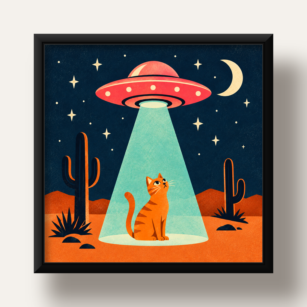 Çöl Manzaralı Uzay Gemisi ve Kedi Poster – Retro Vektör Tasarım — siyah derin çerçeveli