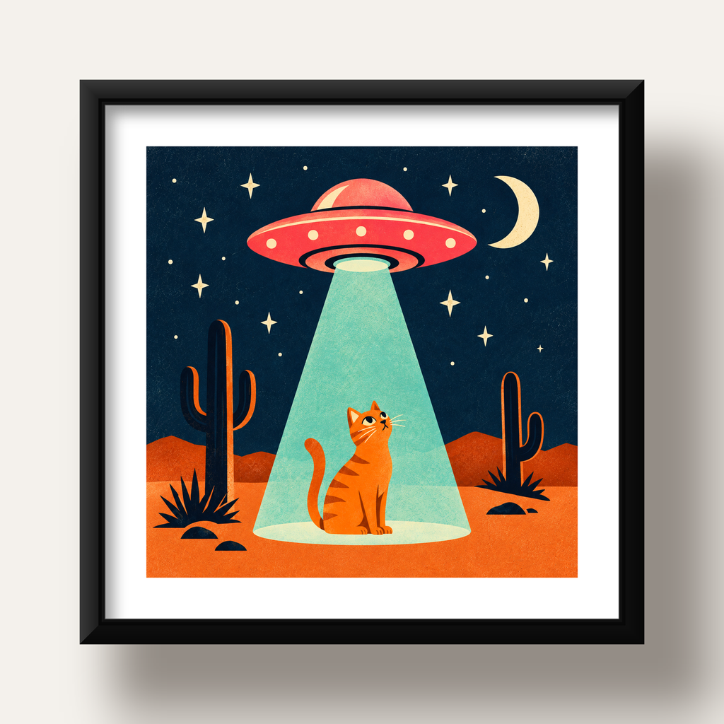 Çöl Manzaralı Uzay Gemisi ve Kedi Poster – Retro Vektör Tasarım — siyah derin çerçeveli paspartulu