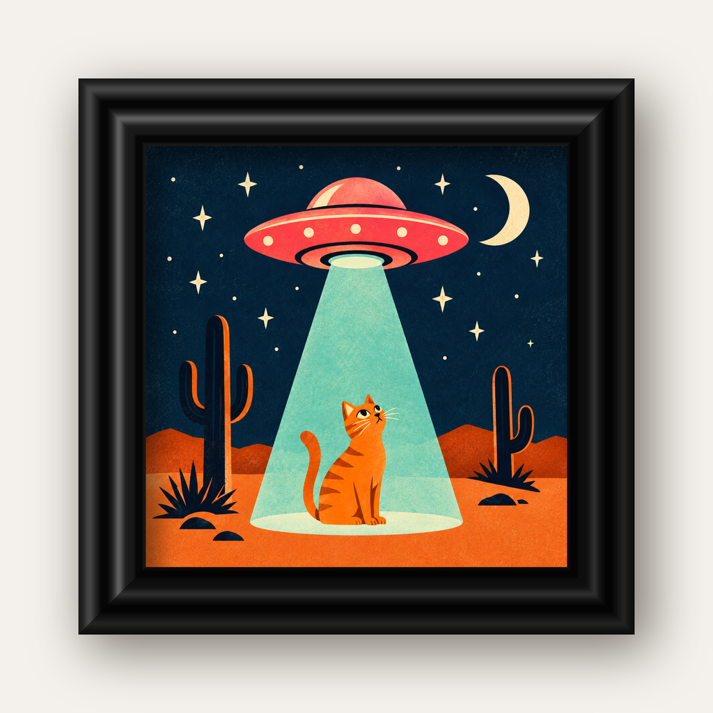 Çöl Manzaralı Uzay Gemisi ve Kedi Poster – Retro Vektör Tasarım — siyah galeri çerçeveli