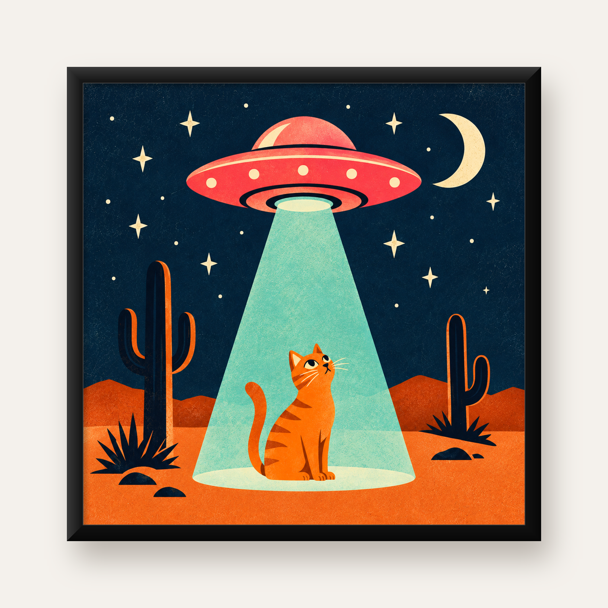 Çöl Manzaralı Uzay Gemisi ve Kedi Poster – Retro Vektör Tasarım — Kare baskı, düz siyah çerçeveli duvar posteri