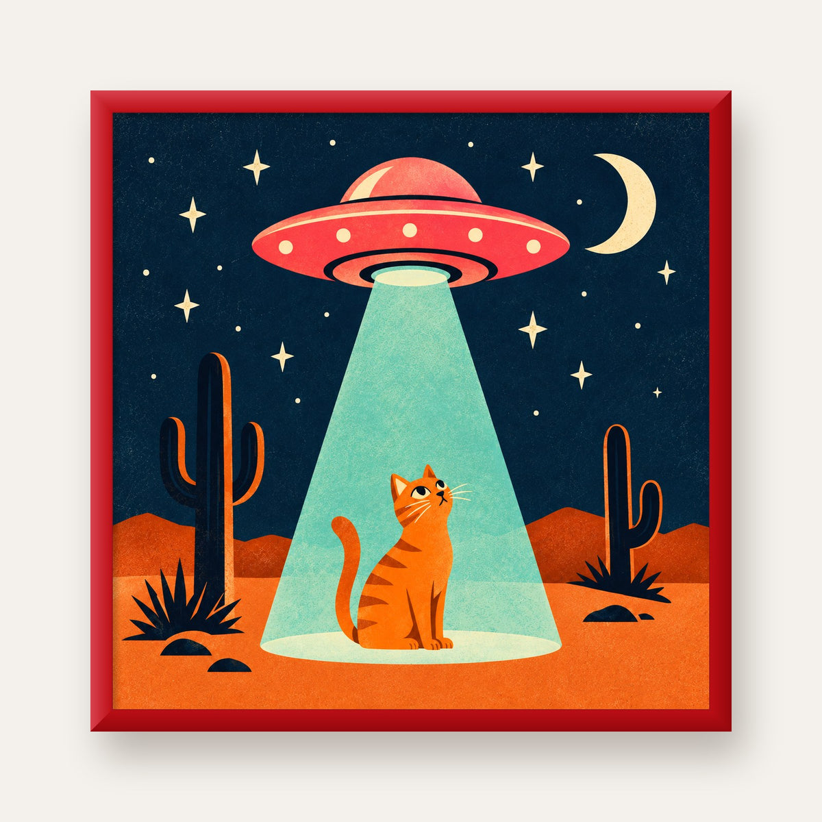 Çöl Manzaralı Uzay Gemisi ve Kedi Poster – Retro Vektör Tasarım — kırmızı çerçeveli