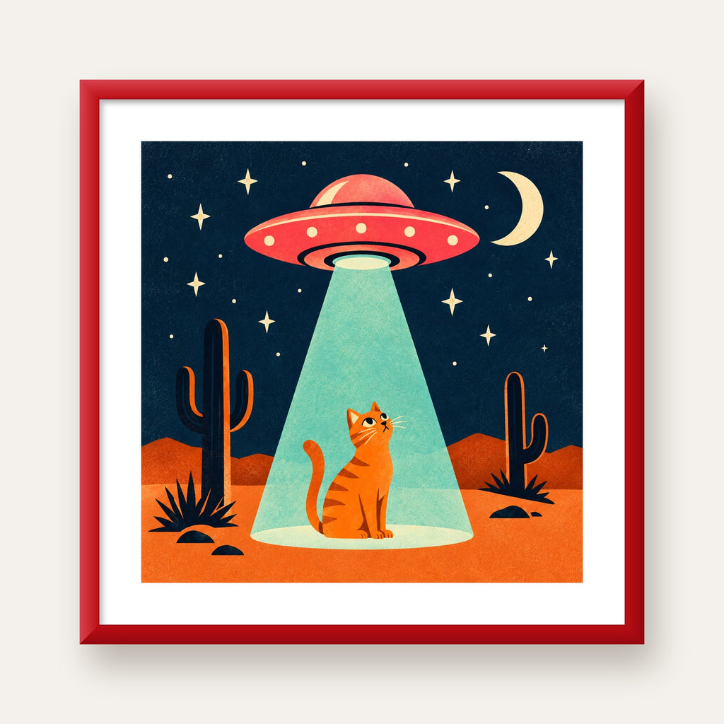 Çöl Manzaralı Uzay Gemisi ve Kedi Poster – Retro Vektör Tasarım — kırmızı çerçeveli paspartulu