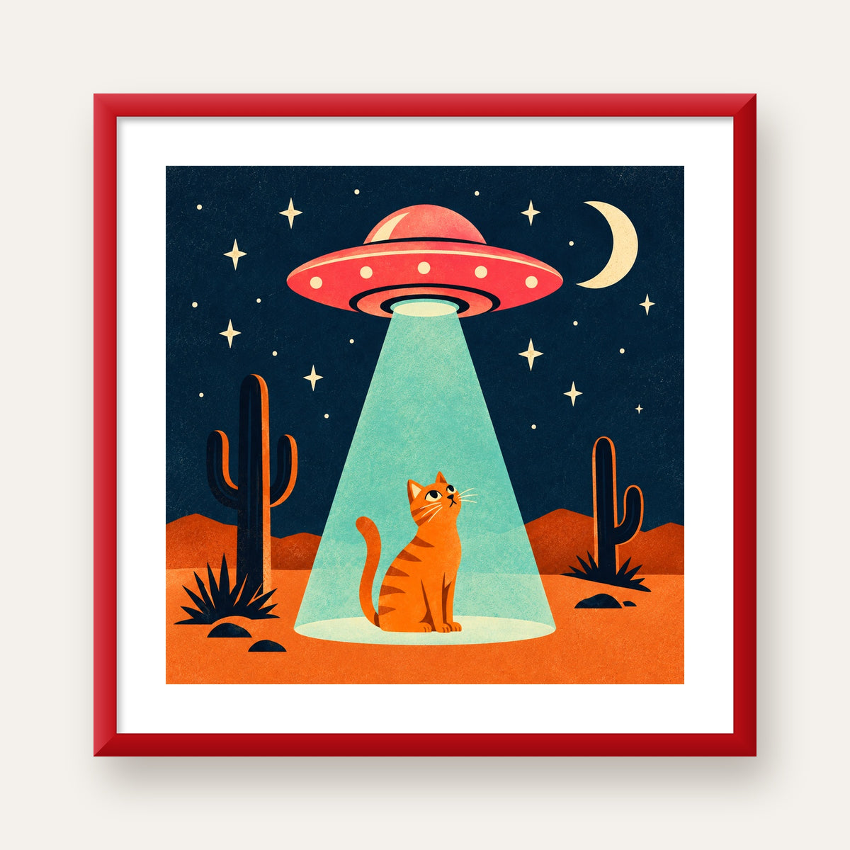 Çöl Manzaralı Uzay Gemisi ve Kedi Poster – Retro Vektör Tasarım — kırmızı çerçeveli paspartulu