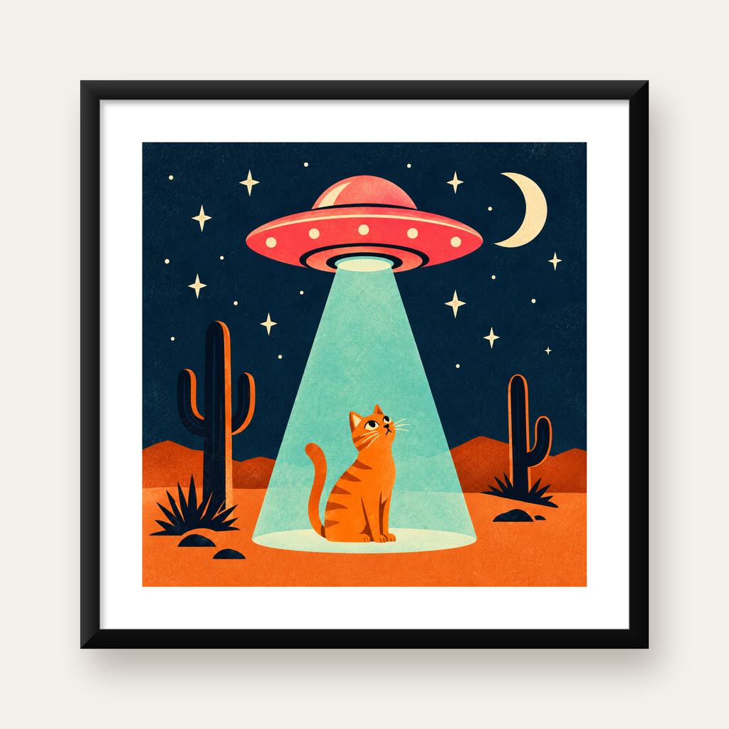 Çöl Manzaralı Uzay Gemisi ve Kedi Poster – Retro Vektör Tasarım — Kare baskı, beyaz paspartulu
