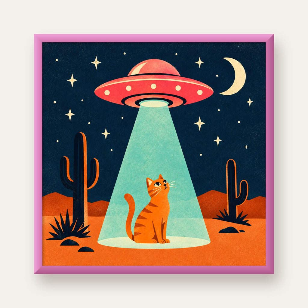 Çöl Manzaralı Uzay Gemisi ve Kedi Poster – Retro Vektör Tasarım — pembe çerçeveli