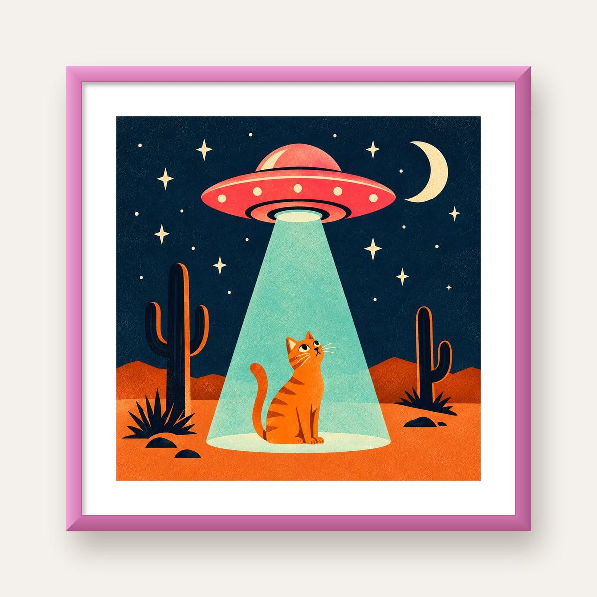 Çöl Manzaralı Uzay Gemisi ve Kedi Poster – Retro Vektör Tasarım — pembe çerçeveli paspartulu