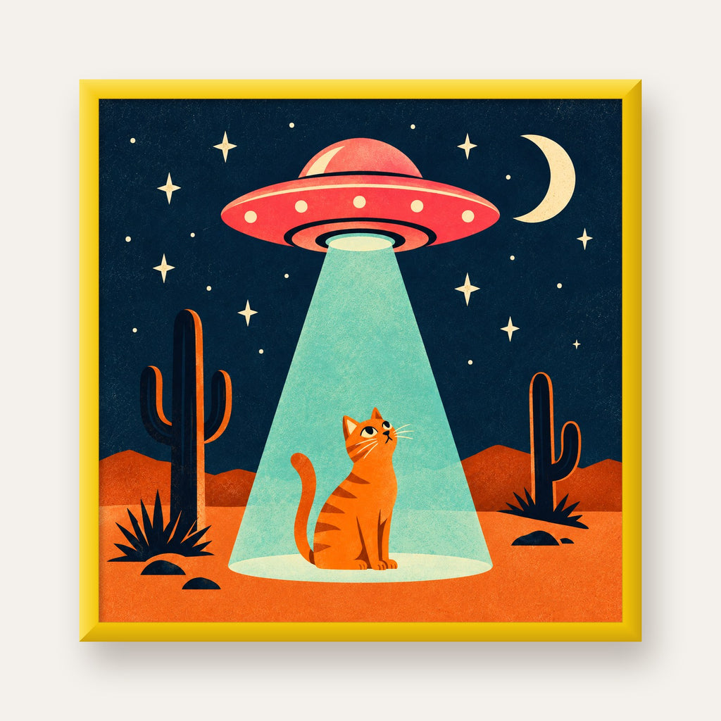 Çöl Manzaralı Uzay Gemisi ve Kedi Poster – Retro Vektör Tasarım — sarı çerçeveli
