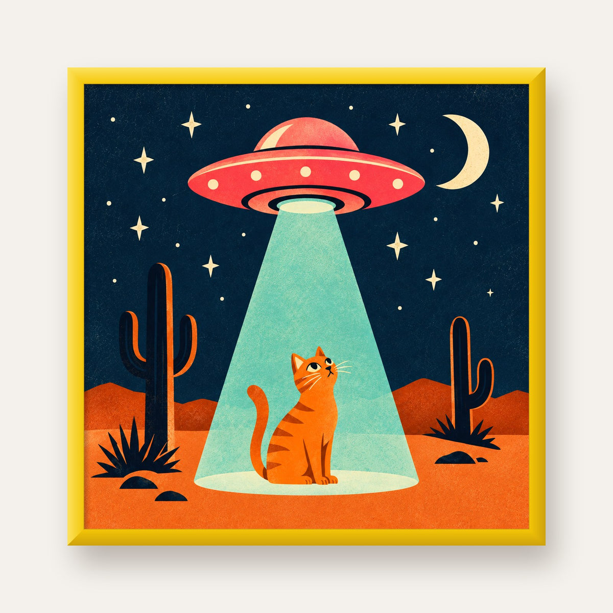 Çöl Manzaralı Uzay Gemisi ve Kedi Poster – Retro Vektör Tasarım — sarı çerçeveli