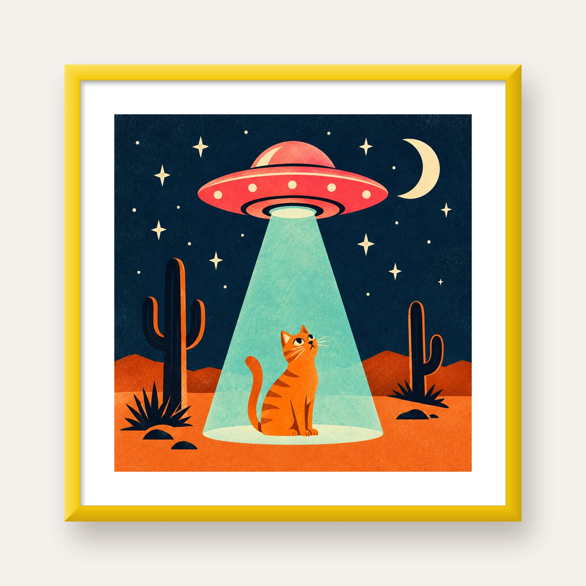 Çöl Manzaralı Uzay Gemisi ve Kedi Poster – Retro Vektör Tasarım — sarı çerçeveli paspartulu
