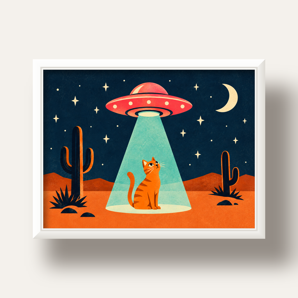 Çöl Manzaralı Uzay Gemisi ve Kedi Poster – Retro Vektör Tasarım — beyaz derin çerçeveli