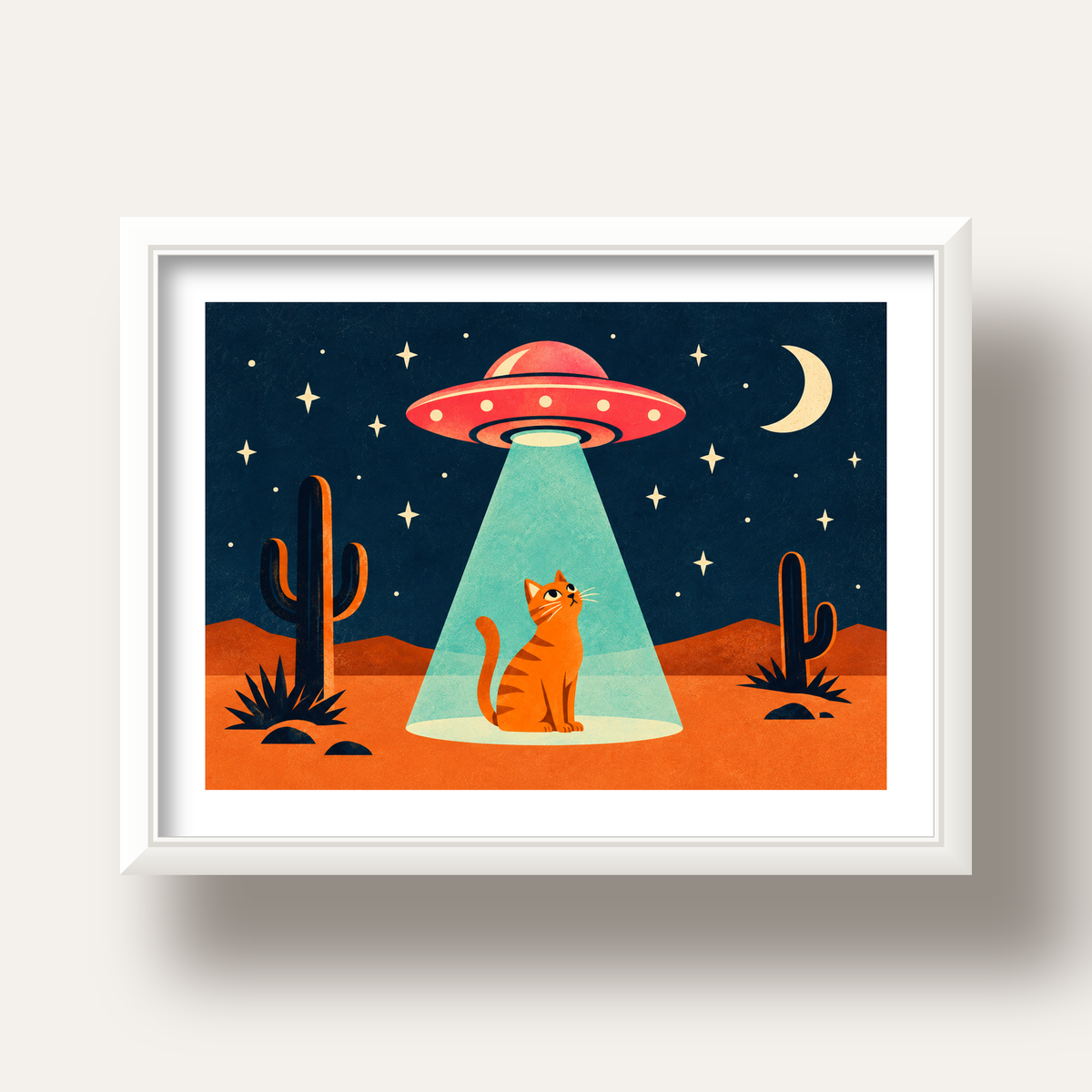 Çöl Manzaralı Uzay Gemisi ve Kedi Poster – Retro Vektör Tasarım — beyaz derin çerçeveli paspartulu