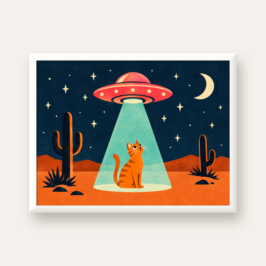 Çöl Manzaralı Uzay Gemisi ve Kedi Poster – Retro Vektör Tasarım — beyaz çerçeveli yatay poster