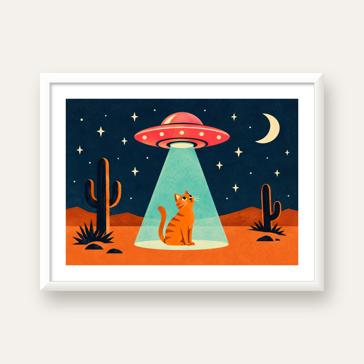 Çöl Manzaralı Uzay Gemisi ve Kedi Poster – Retro Vektör Tasarım — beyaz çerçeveli yatay poster