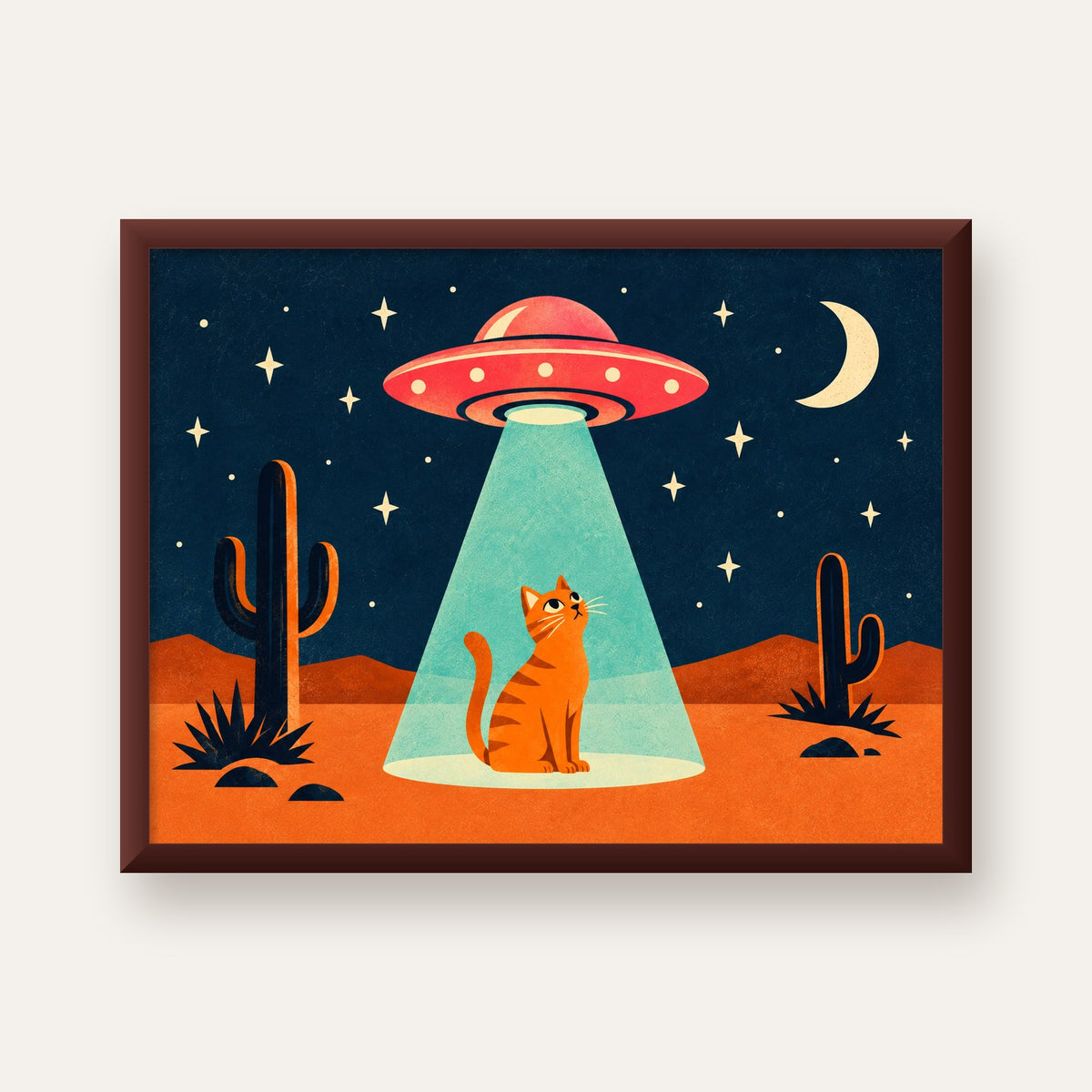 Çöl Manzaralı Uzay Gemisi ve Kedi Poster – Retro Vektör Tasarım — ceviz çerçeveli