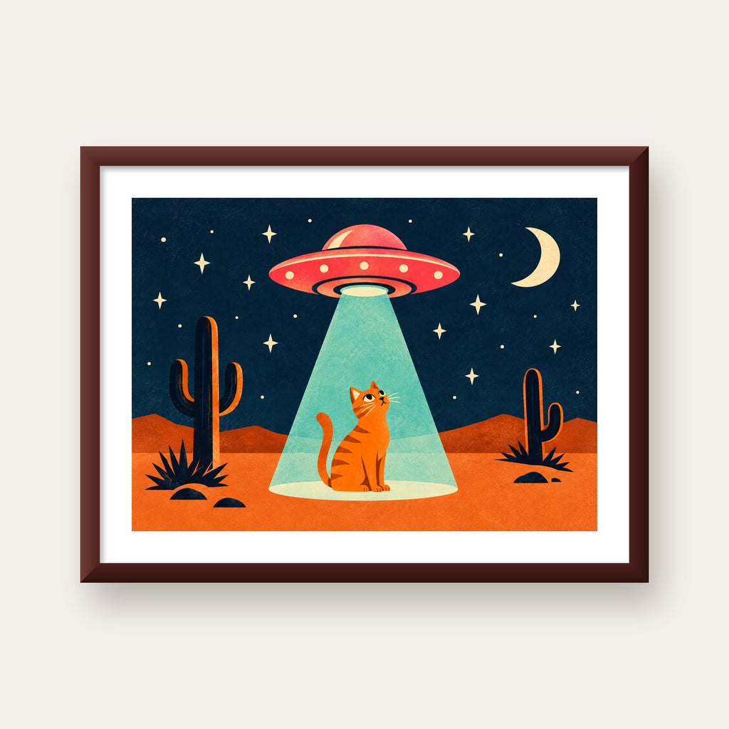 Çöl Manzaralı Uzay Gemisi ve Kedi Poster – Retro Vektör Tasarım — ceviz çerçeveli paspartulu