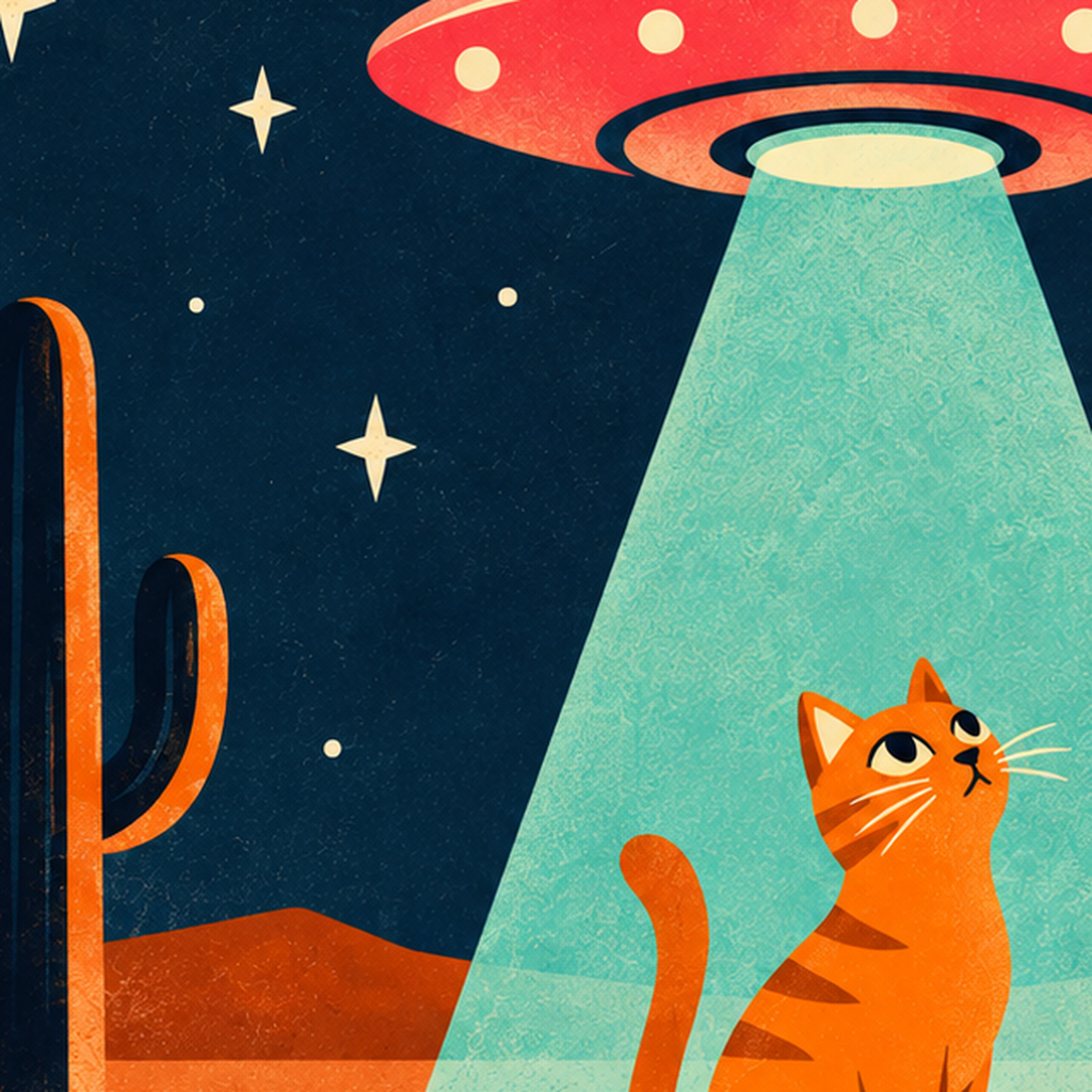Çöl Manzaralı Uzay Gemisi ve Kedi Poster – Retro Vektör Tasarım — baskının yakın çekimi, kâğıt dokusu ve renk detayı
