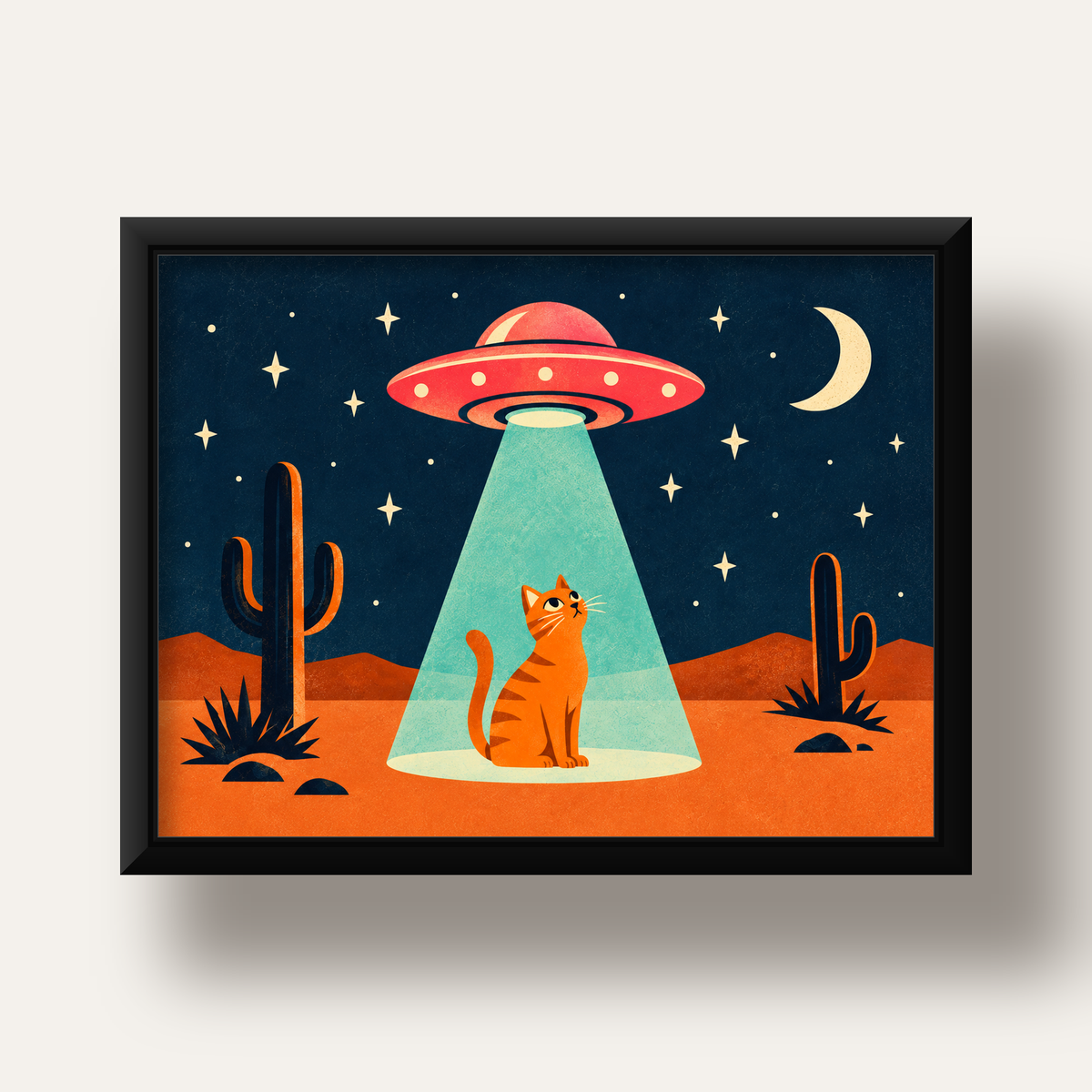 Çöl Manzaralı Uzay Gemisi ve Kedi Poster – Retro Vektör Tasarım — siyah derin çerçeveli