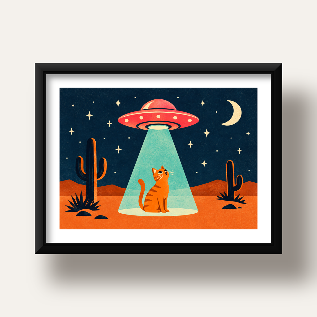 Çöl Manzaralı Uzay Gemisi ve Kedi Poster – Retro Vektör Tasarım — siyah derin çerçeveli paspartulu