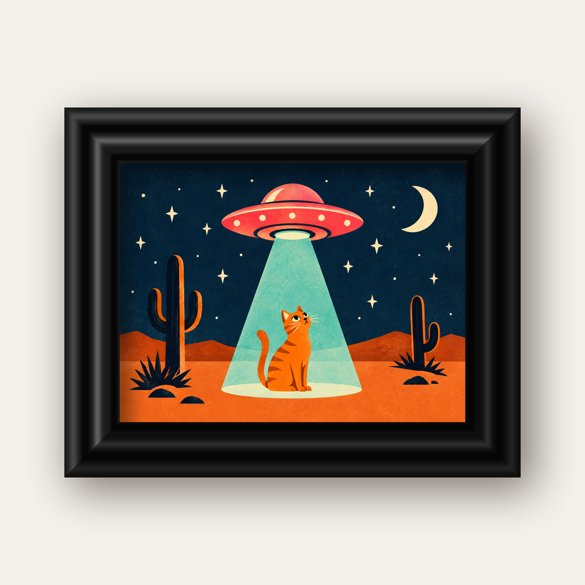 Çöl Manzaralı Uzay Gemisi ve Kedi Poster – Retro Vektör Tasarım — siyah galeri çerçeveli