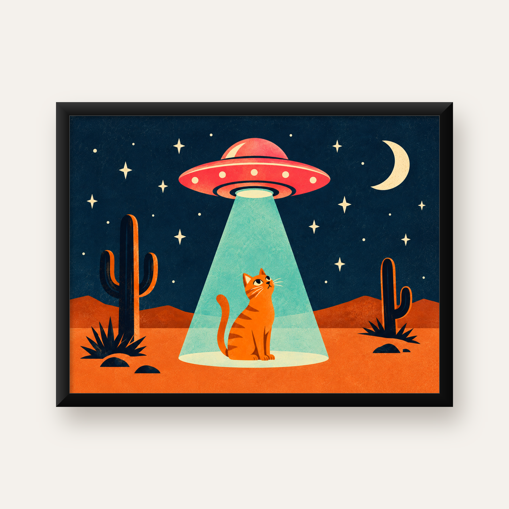 Çöl Manzaralı Uzay Gemisi ve Kedi Poster – Retro Vektör Tasarım — Yatay baskı, düz siyah çerçeveli duvar posteri