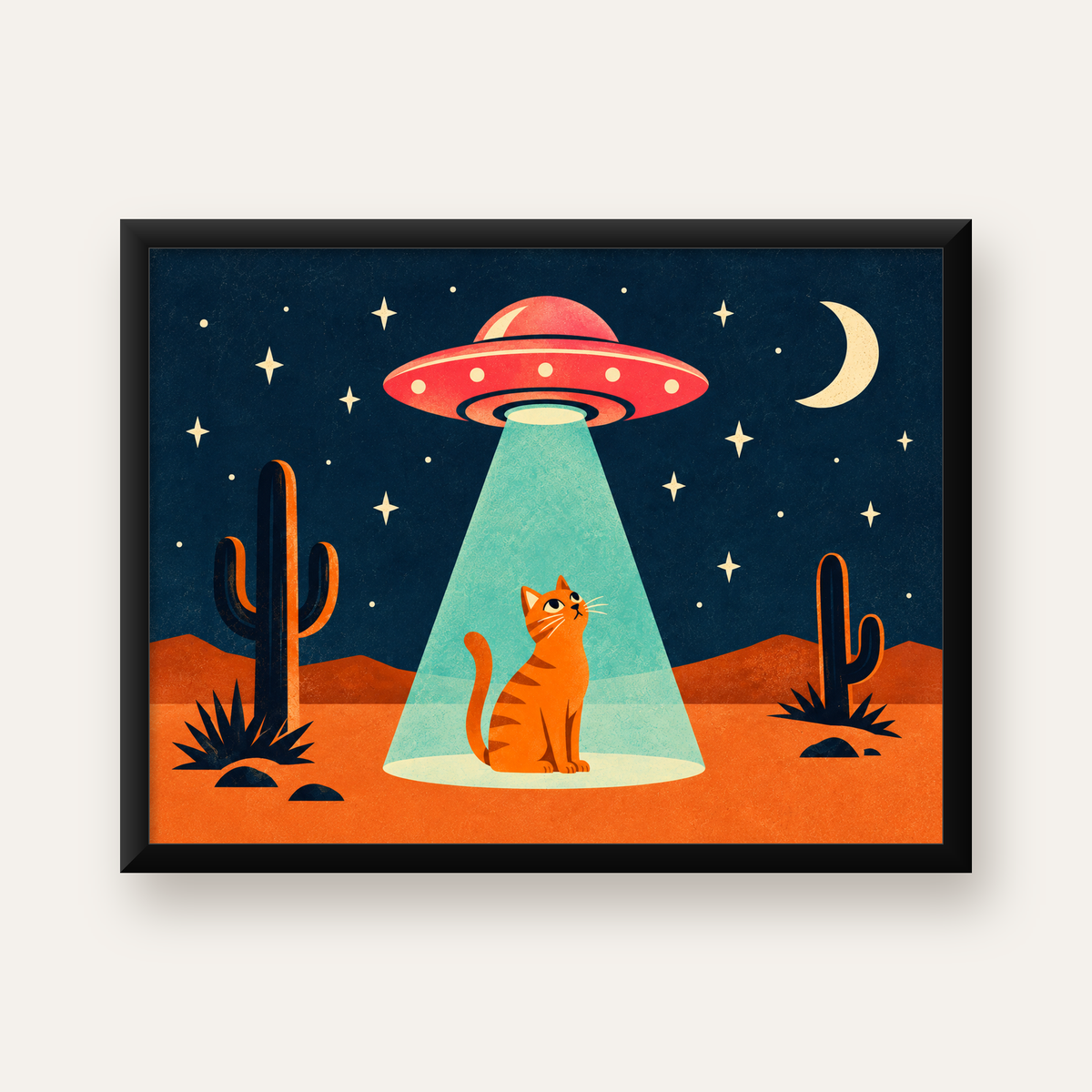 Çöl Manzaralı Uzay Gemisi ve Kedi Poster – Retro Vektör Tasarım — Yatay baskı, düz siyah çerçeveli duvar posteri